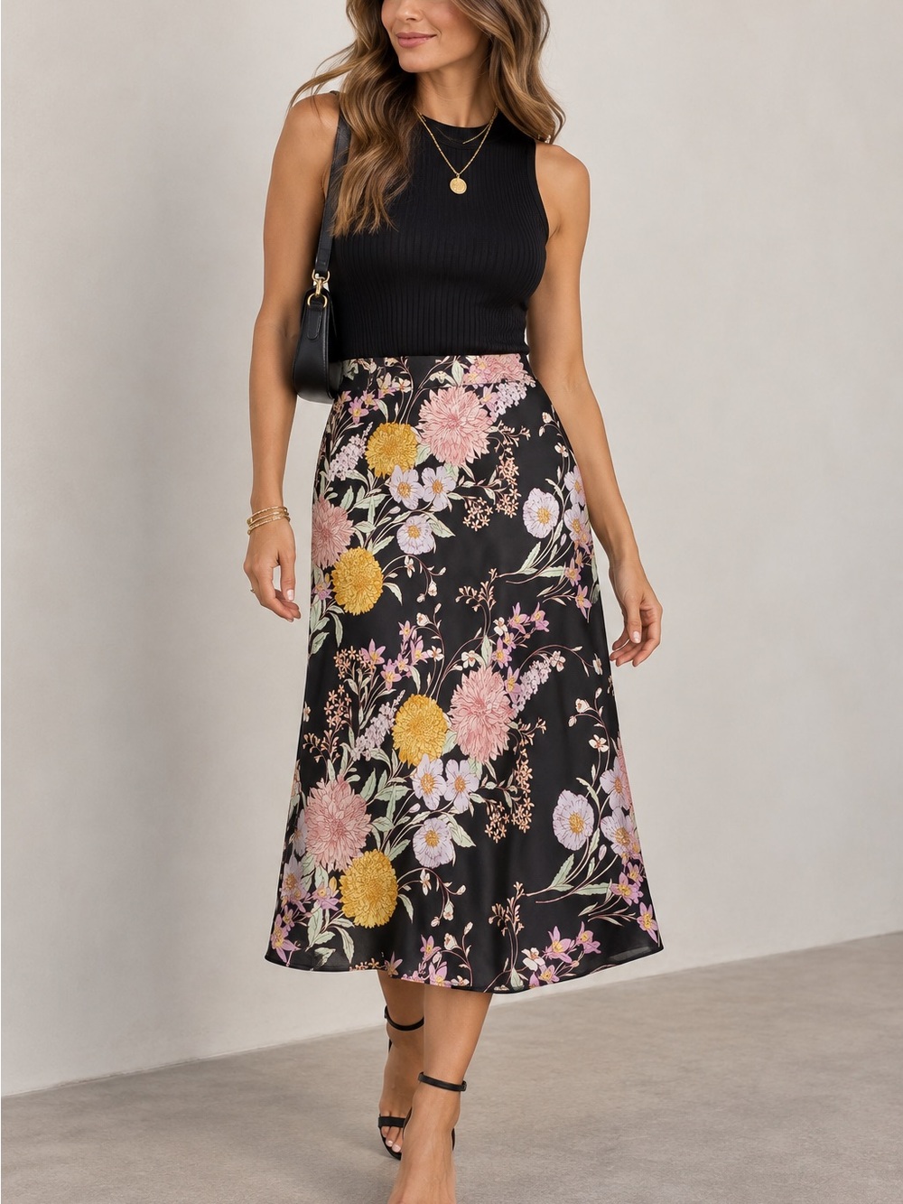 Ann Taylor Floral Midi Skirt Large Black Pink Botanical Fully Lined A-Line